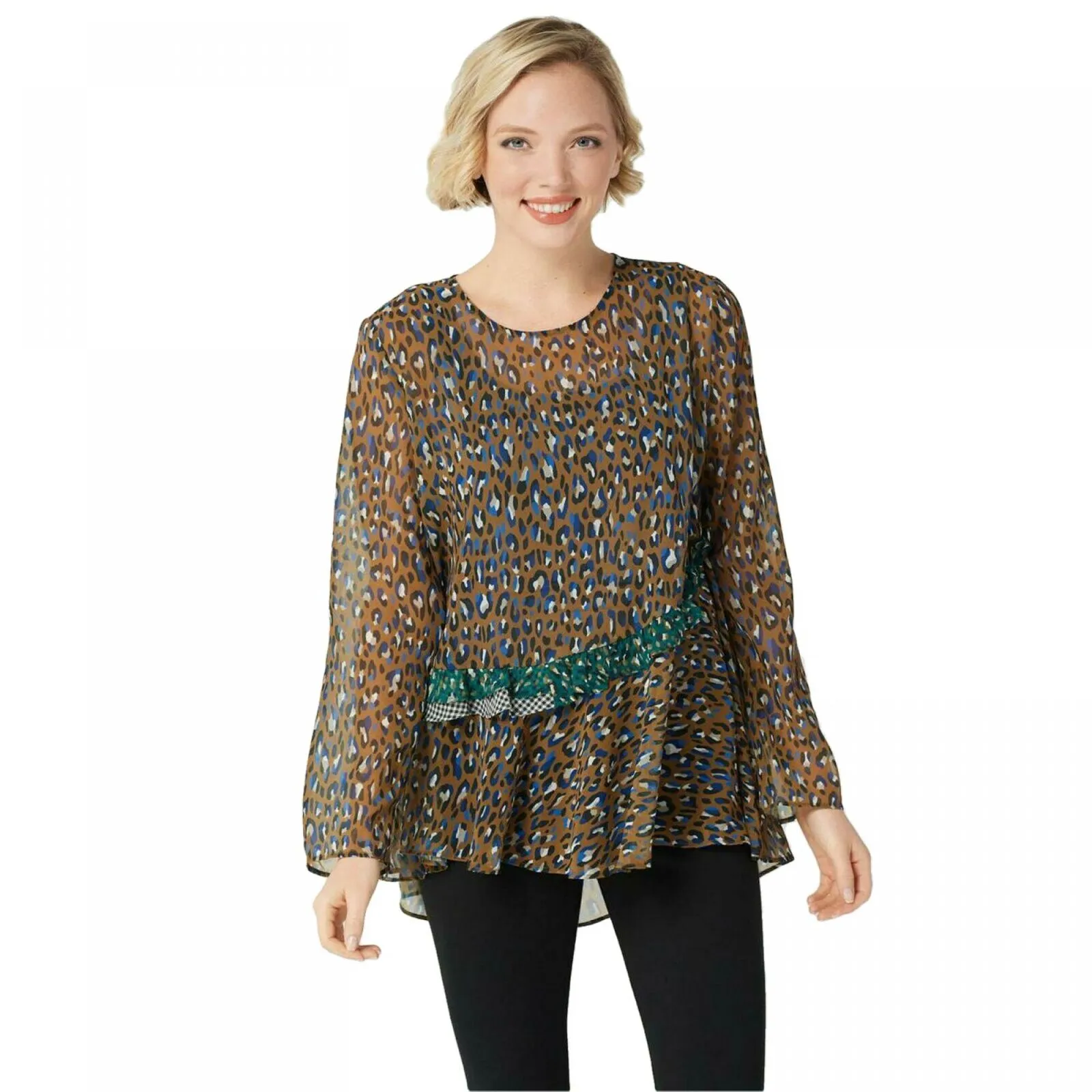 LOGO by Lori Goldstein Women's Sheer Woven Contrast Ruffle Blouse