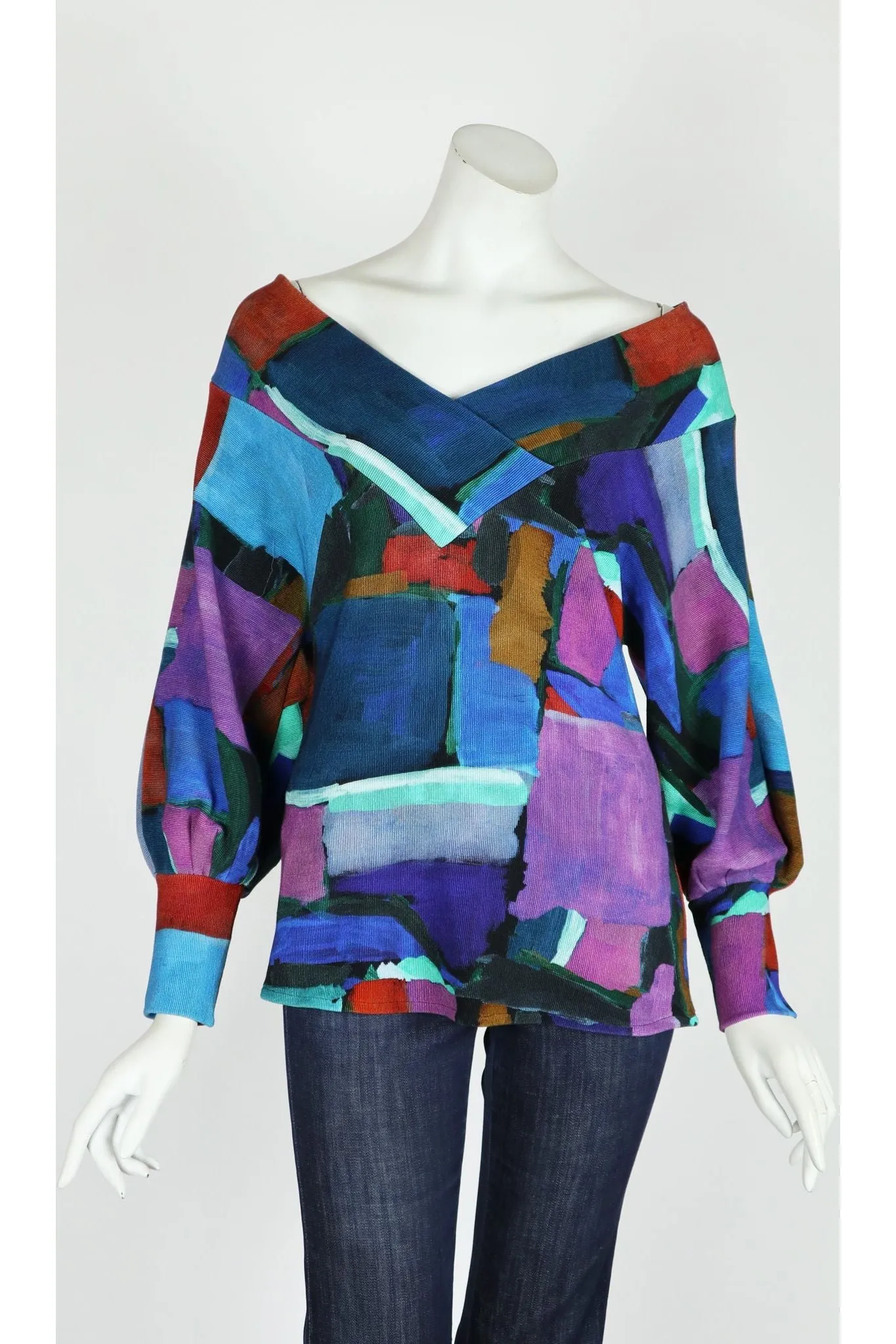 LUPE Wide Portrait Collar Long Dolman Sleeves Ribbed Jersey Tunic Top