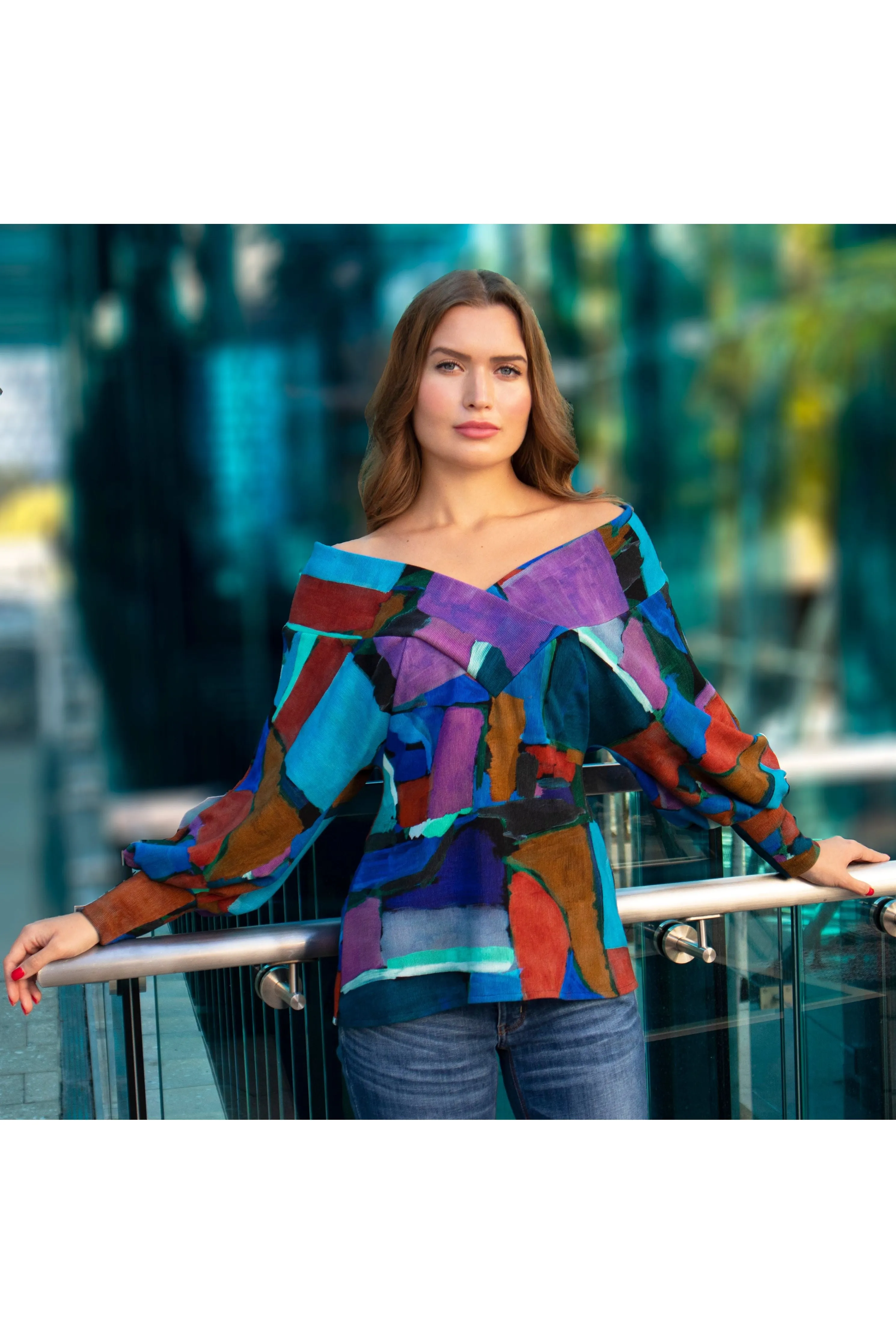 LUPE Wide Portrait Collar Long Dolman Sleeves Ribbed Jersey Tunic Top