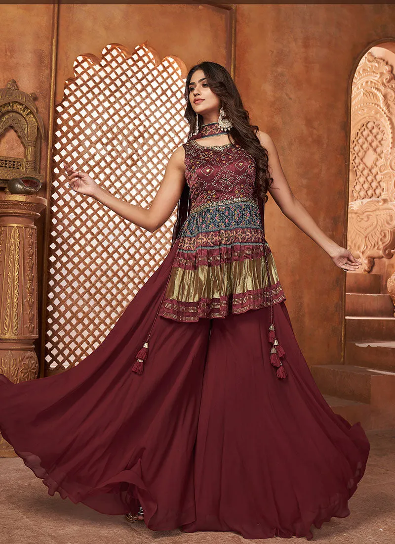 Maroon Multi Embroidery Traditional Gharara Style Suit