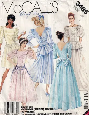 McCall's 3485 Womens Puff Sleeved Full Skirt Drop Waisted Evening Prom Formal Dress 1980s Vintage Sewing Pattern Size 12 Bust 34 inches