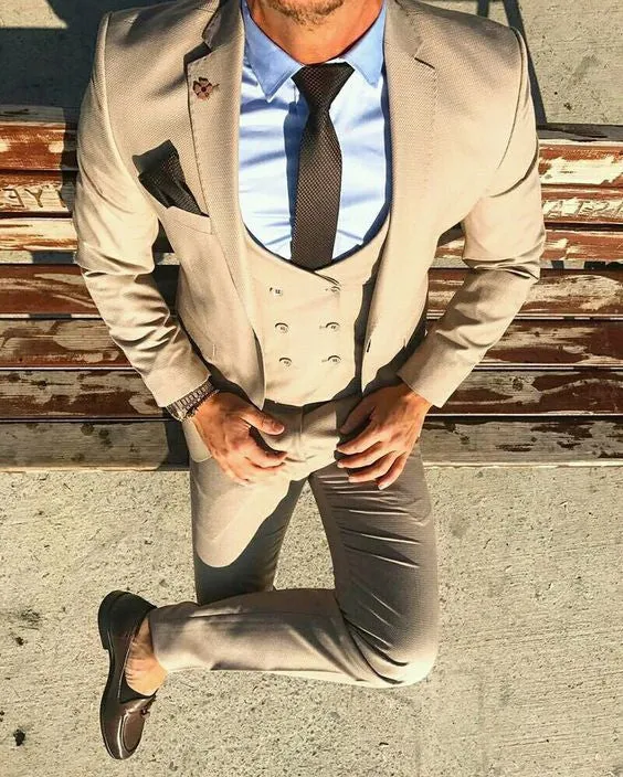 Men's Double Breasted Light Brown 3 Piece Suit Up To 6XL