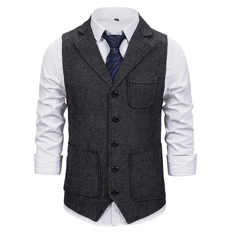 Men's Herringbone Single-breasted Lapel Waistcoat Suit Vest