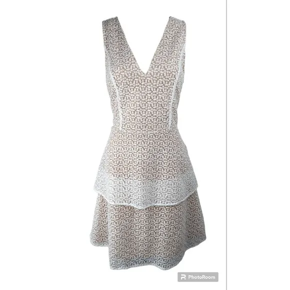 Michael Kors Cocktail Wedding Dress Peplum White Embroidery Nude V-neck M 8