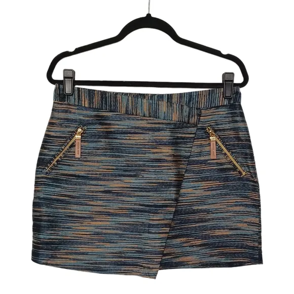 MICHAEL MICHAEL KORS Blue Brown Stripe Print Asymmetrical Wrap Mini Skirt 4 S