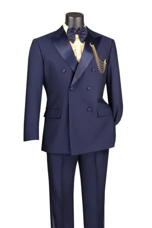 Modern Fit 2 Piece Double Breasted Tuxedo Adjustable Waistband with Oversized Bow Tie Navy TMDB-1