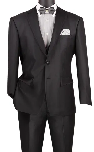 Modern Fit 3 Piece Suit Birdseye Pattern with Black Trim Black MV2B-1