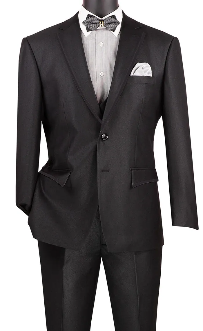 Modern Fit 3 Piece Suit Birdseye Pattern with Black Trim Black MV2B-1