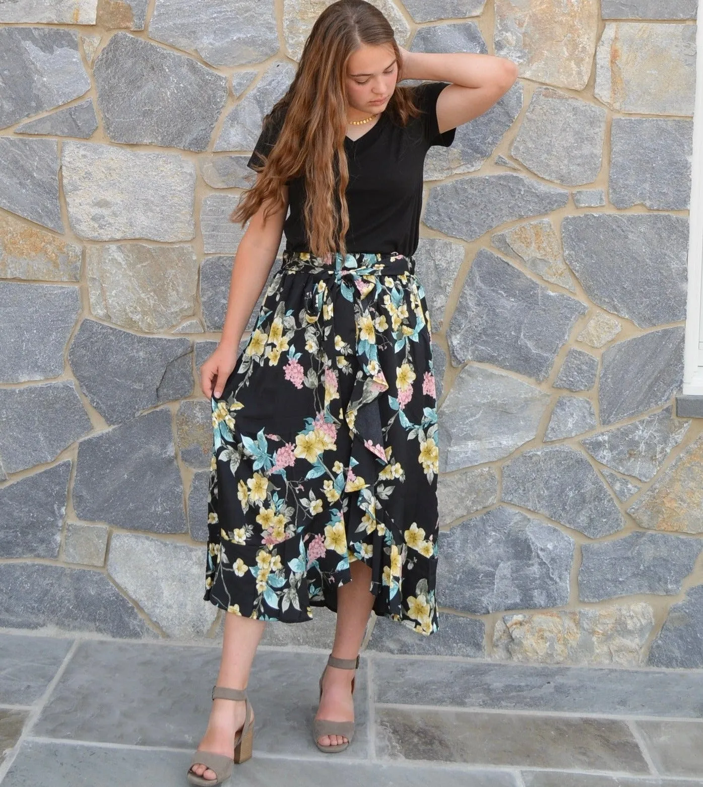Modest Black Floral Skirt - Made in USA