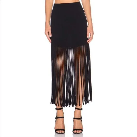 Monrow Black Fringe Midi Skirt Womens XS Festival Flapper Retro Lightweight