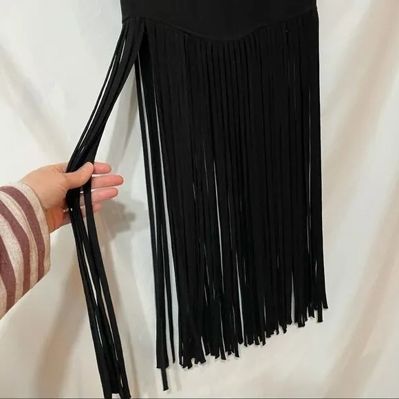 Monrow Black Fringe Midi Skirt Womens XS Festival Flapper Retro Lightweight
