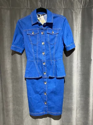 Moschino: Denim Button Down Short Sleeve Peplum Mini Dress