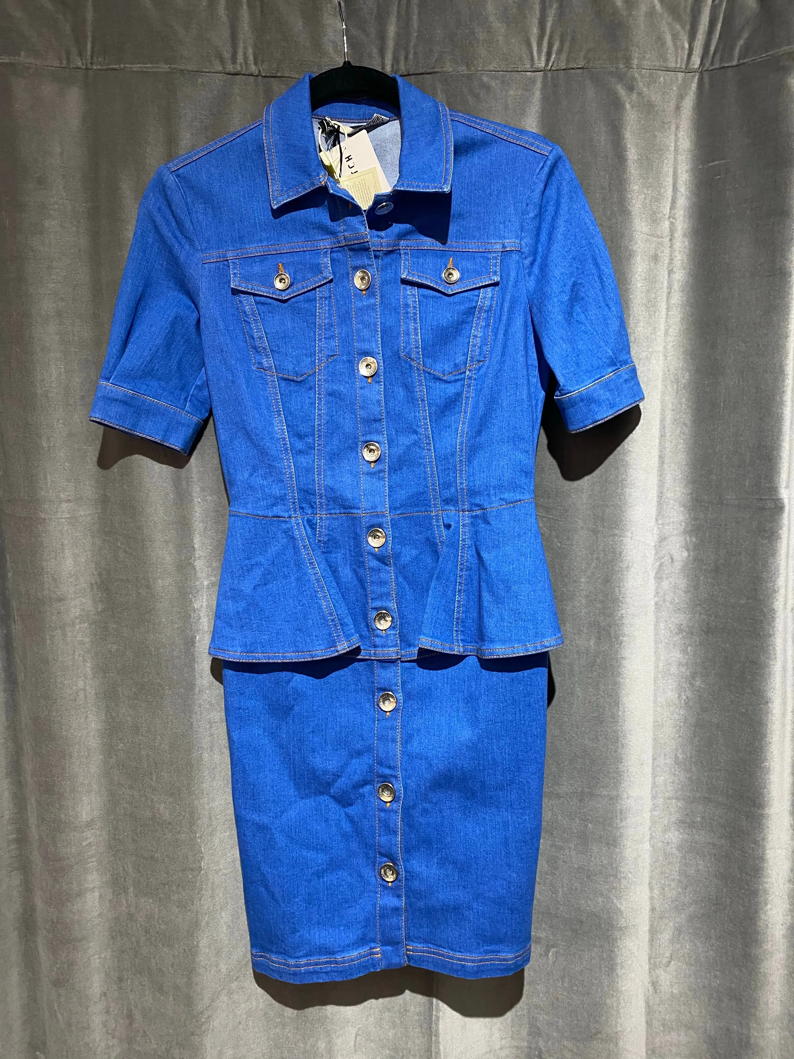 Moschino: Denim Button Down Short Sleeve Peplum Mini Dress