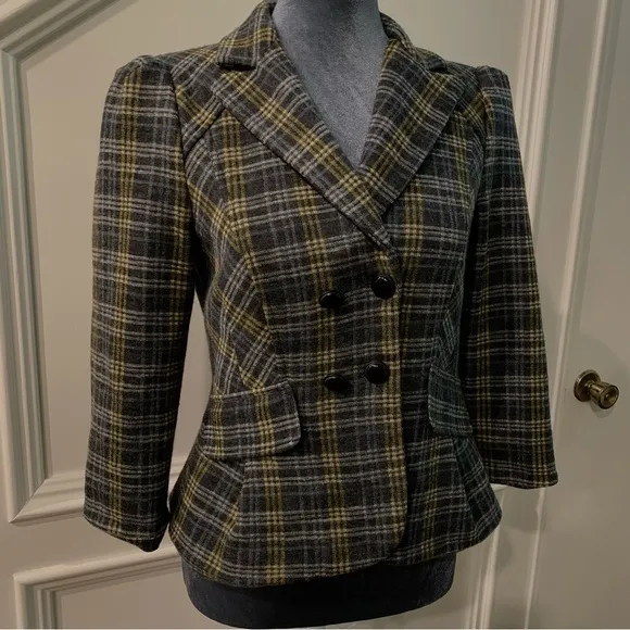 Nanette Lepore Plaid Double Breasted Wool Blazer Size 4