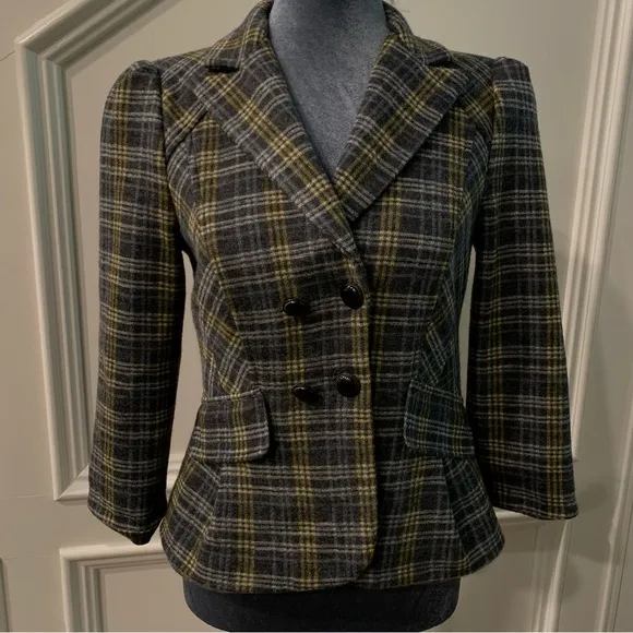 Nanette Lepore Plaid Double Breasted Wool Blazer Size 4