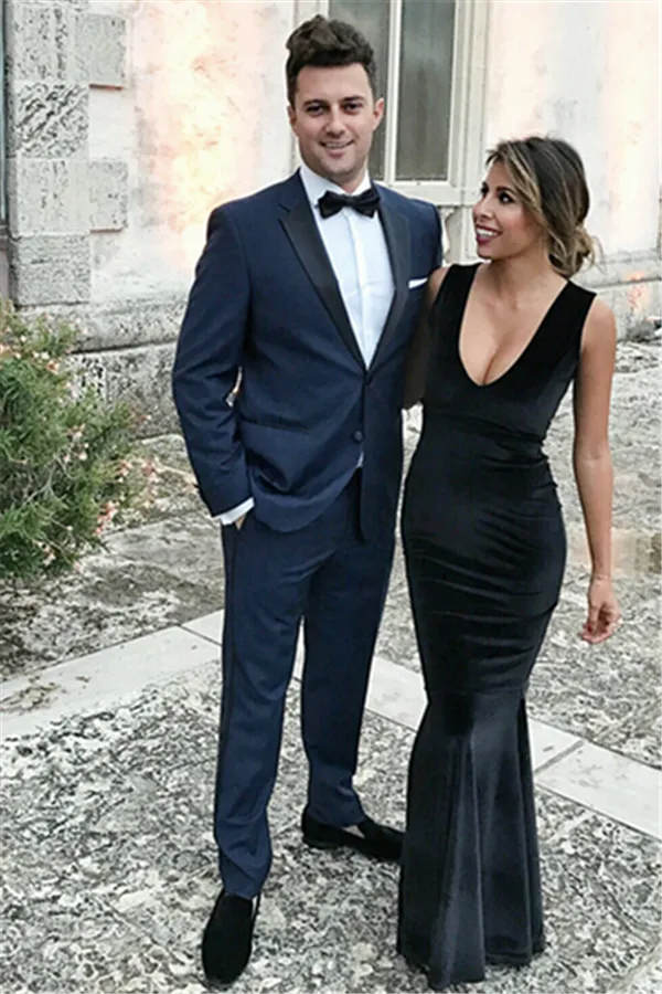 Navy Blue Prom Outfits Notch Lapel Slim Fit Men Suit