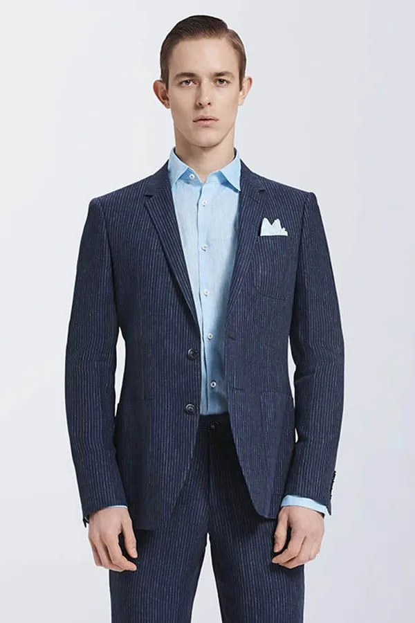 New Arrival Dark Navy Mens Casual Suits Stripes Patch Pockets Daily Men's Suits