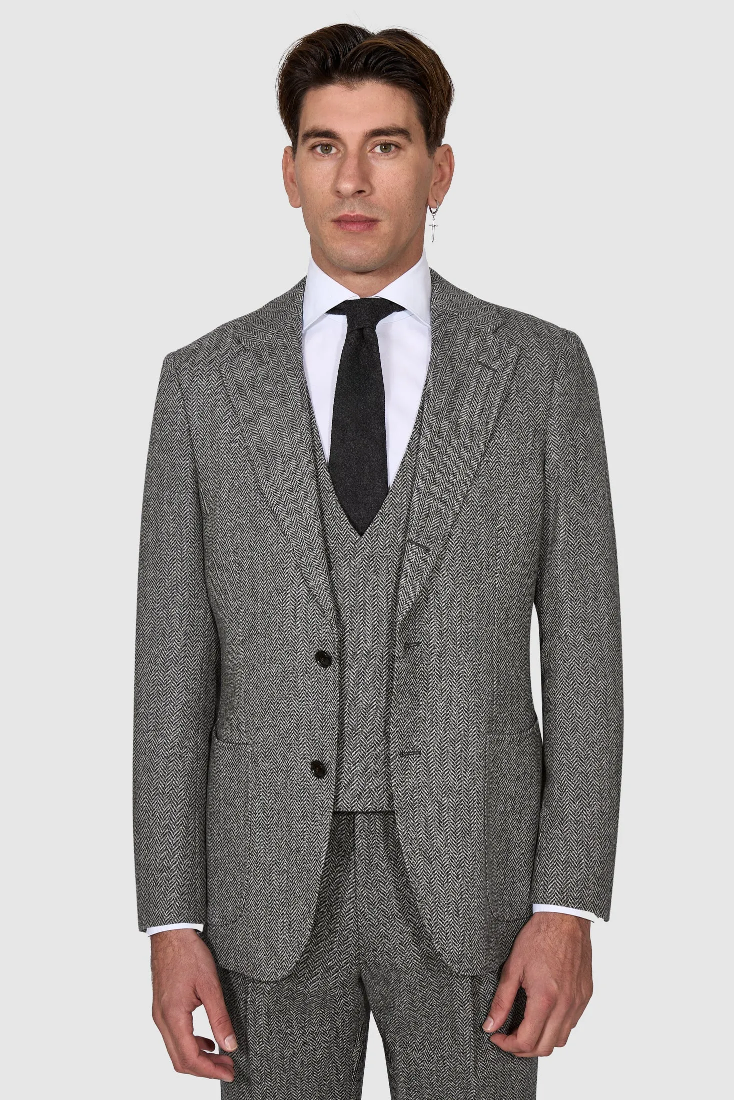 New Suitsupply Havana Tulip Mid Gray Herringbone Pure Wool 3 Piece Suit - Size 36R, 38R, 40S, 40R, 42R, 42L, 46R