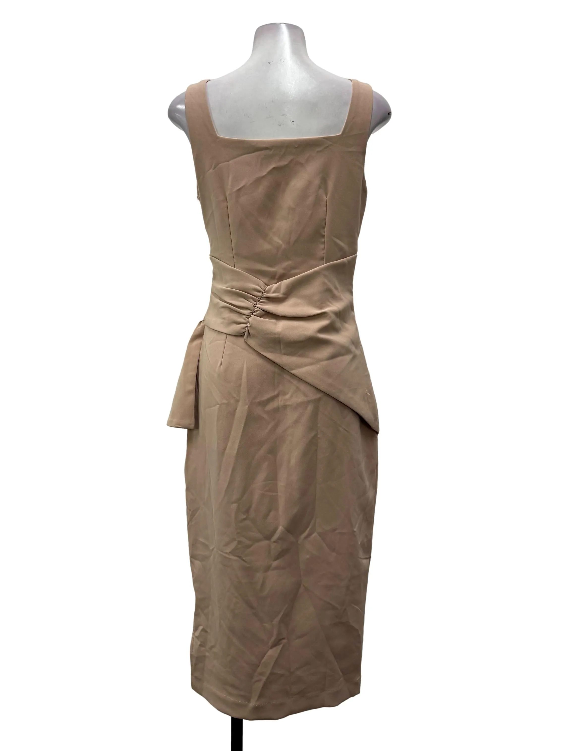 Nude Square Neck Ruched Peplum Dress
