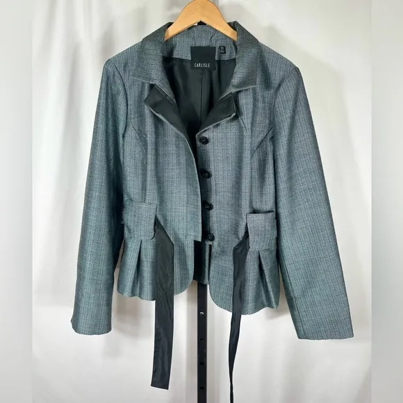NWOT Carlisle Size 16 Silver Wool Blend Herringbone Belted Blazer