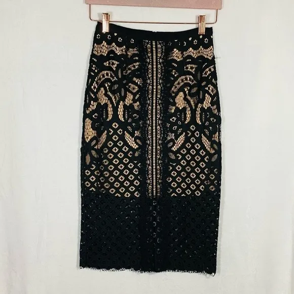 NWOT Keepsake the label black lace illusion midi skirt