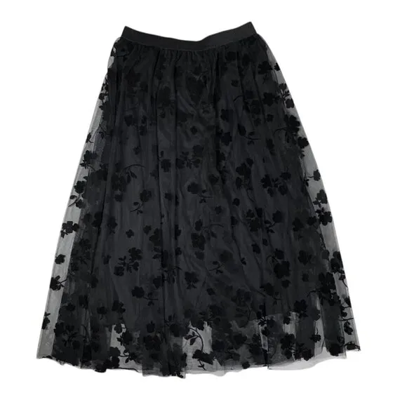 NWT Floral Tulle Midi Skirt Sz.M Black Full A-Line Elastic Waist Goth Witchy