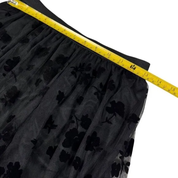 NWT Floral Tulle Midi Skirt Sz.M Black Full A-Line Elastic Waist Goth Witchy