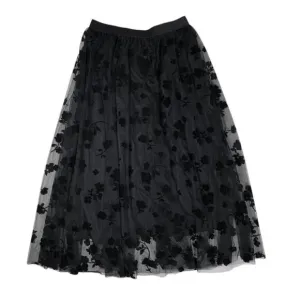 NWT Floral Tulle Midi Skirt Sz.M Black Full A-Line Elastic Waist Goth Witchy