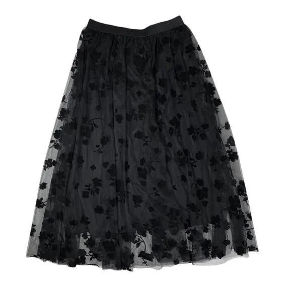 NWT Floral Tulle Midi Skirt Sz.M Black Full A-Line Elastic Waist Goth Witchy