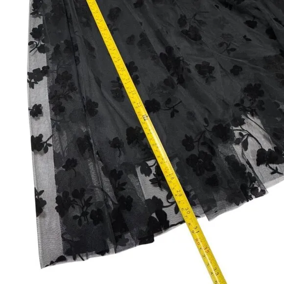 NWT Floral Tulle Midi Skirt Sz.M Black Full A-Line Elastic Waist Goth Witchy
