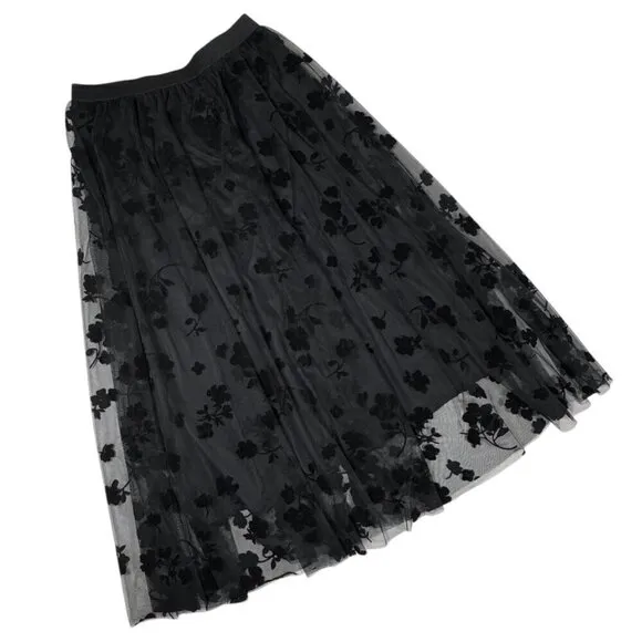 NWT Floral Tulle Midi Skirt Sz.M Black Full A-Line Elastic Waist Goth Witchy