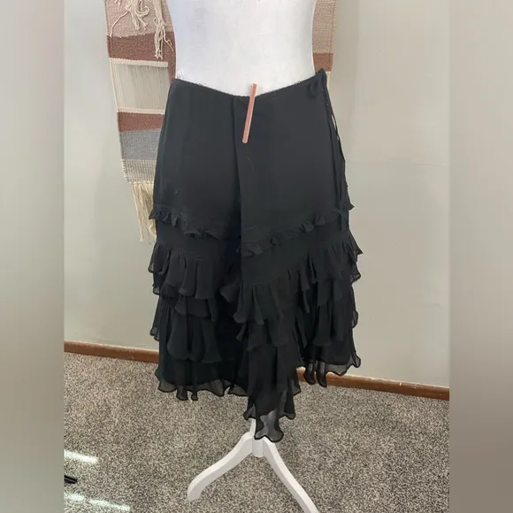 NWT Karen Millen England Black 100% Silk Ruffle Tiered Midi Skirt Size 8