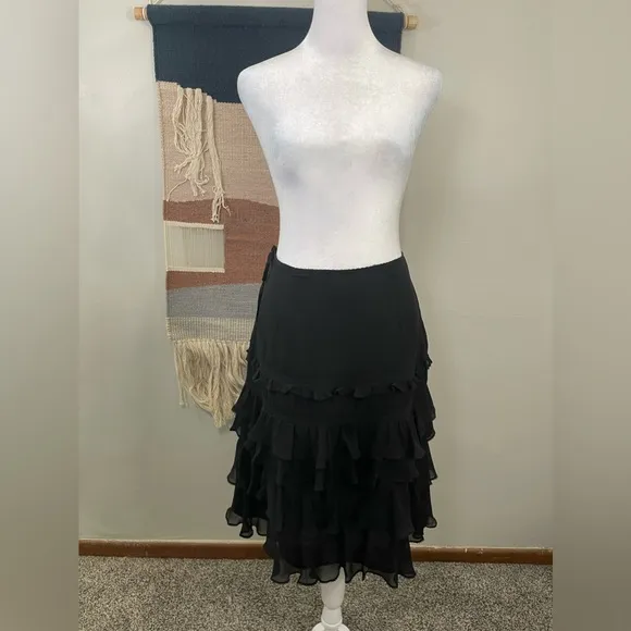 NWT Karen Millen England Black 100% Silk Ruffle Tiered Midi Skirt Size 8
