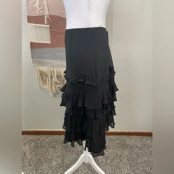 NWT Karen Millen England Black 100% Silk Ruffle Tiered Midi Skirt Size 8