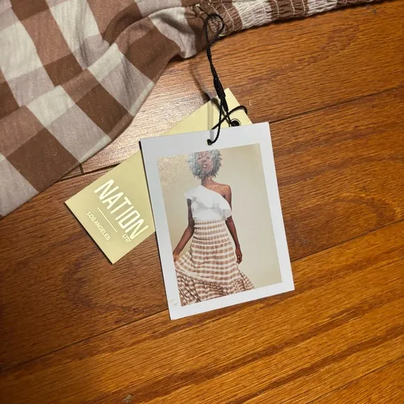 NWT Nation LTD Brown and White Gingham Smocked Midi Skirt - Size S