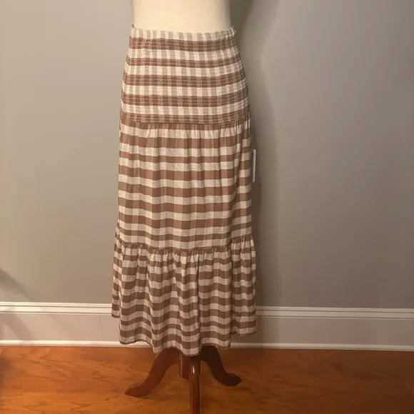 NWT Nation LTD Brown and White Gingham Smocked Midi Skirt - Size S