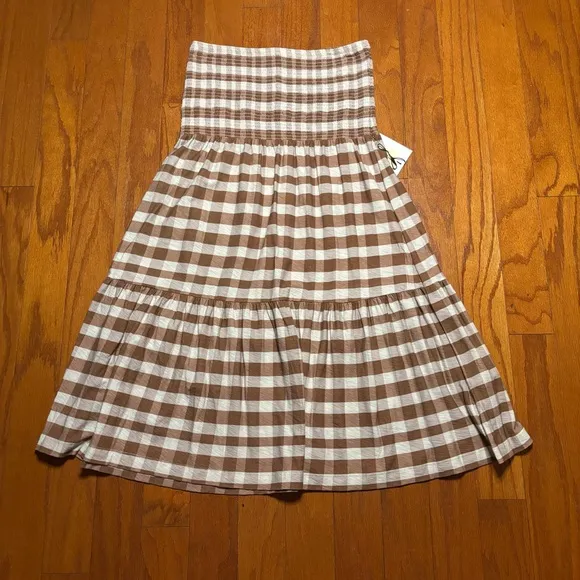 NWT Nation LTD Brown and White Gingham Smocked Midi Skirt - Size S