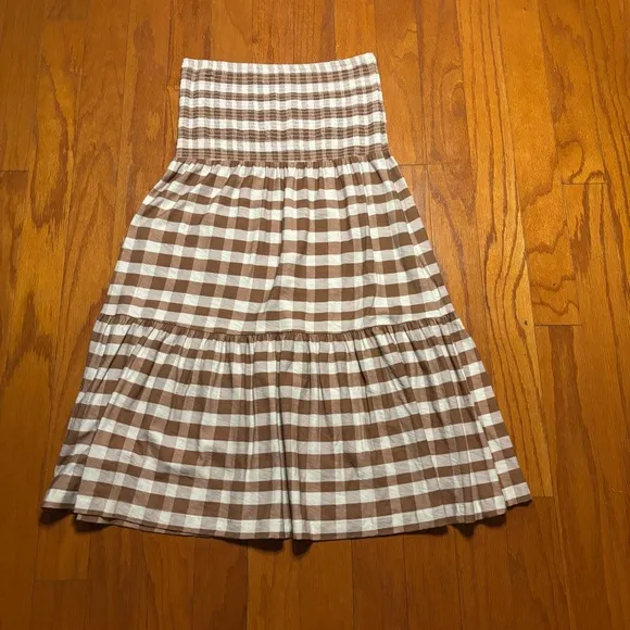NWT Nation LTD Brown and White Gingham Smocked Midi Skirt - Size S