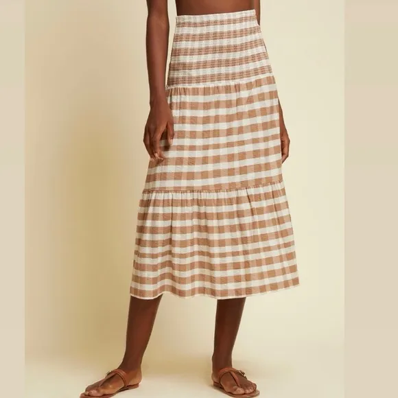 NWT Nation LTD Brown and White Gingham Smocked Midi Skirt - Size S