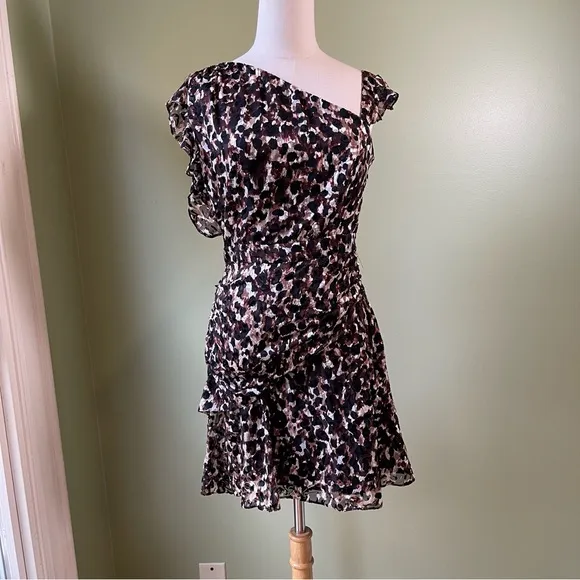 NWT! Rachel Zoe Women’s Harris Abstract Brown Black Print Ruching Dress - Size 2