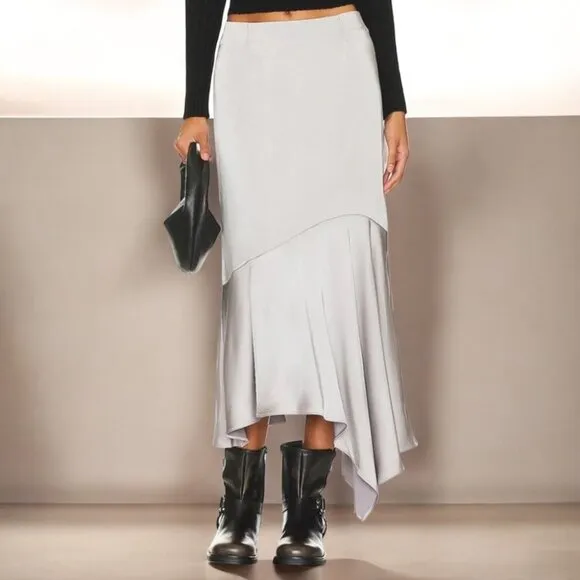 NWT Steven Madden Lucille Satin Asymmetrical Hem Midi Skirt