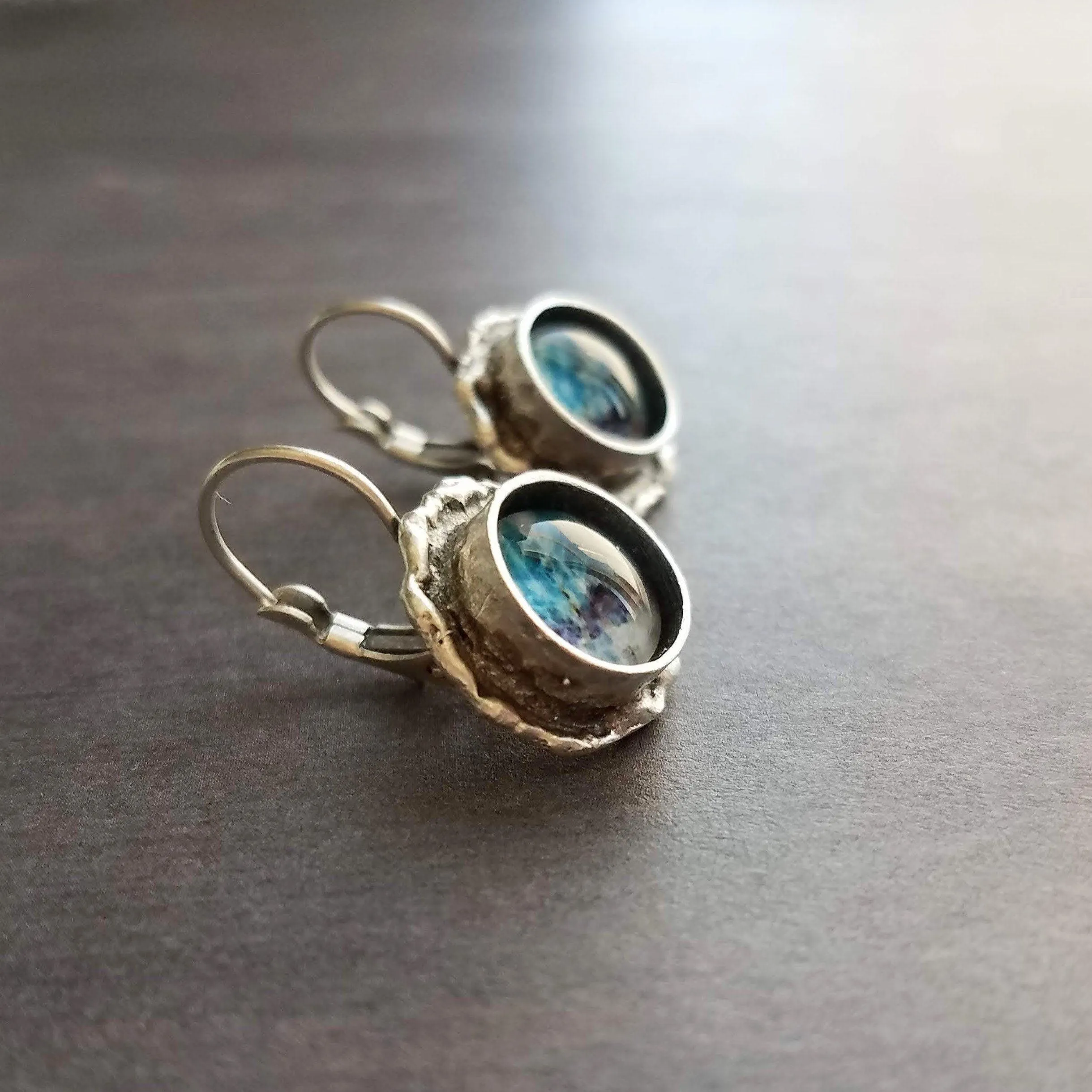Ocean Wave Earrings, ocean earring, wave earring, aqua blue earring, purple abstract, asymmetrical edge antique silver lever back, snap hook