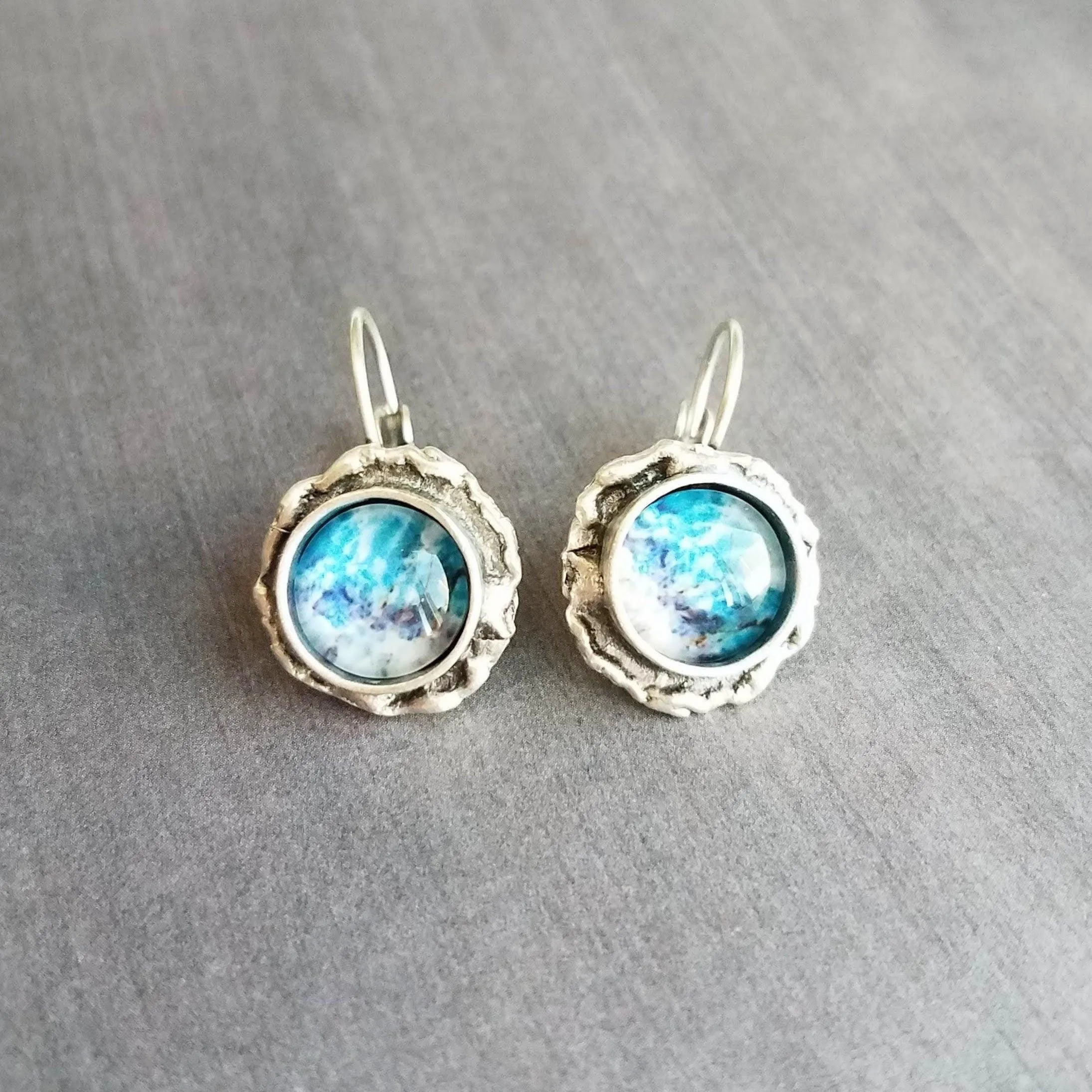 Ocean Wave Earrings, ocean earring, wave earring, aqua blue earring, purple abstract, asymmetrical edge antique silver lever back, snap hook