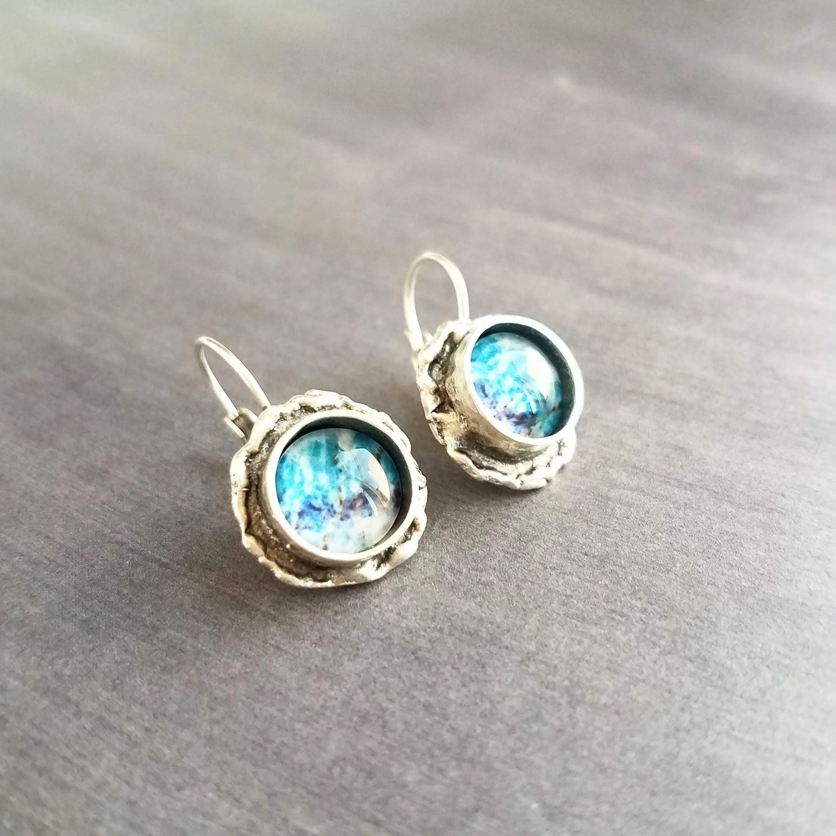 Ocean Wave Earrings, ocean earring, wave earring, aqua blue earring, purple abstract, asymmetrical edge antique silver lever back, snap hook