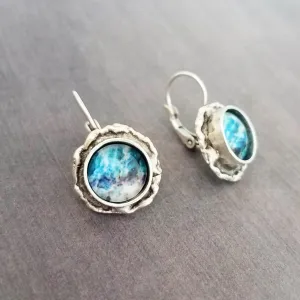 Ocean Wave Earrings, ocean earring, wave earring, aqua blue earring, purple abstract, asymmetrical edge antique silver lever back, snap hook