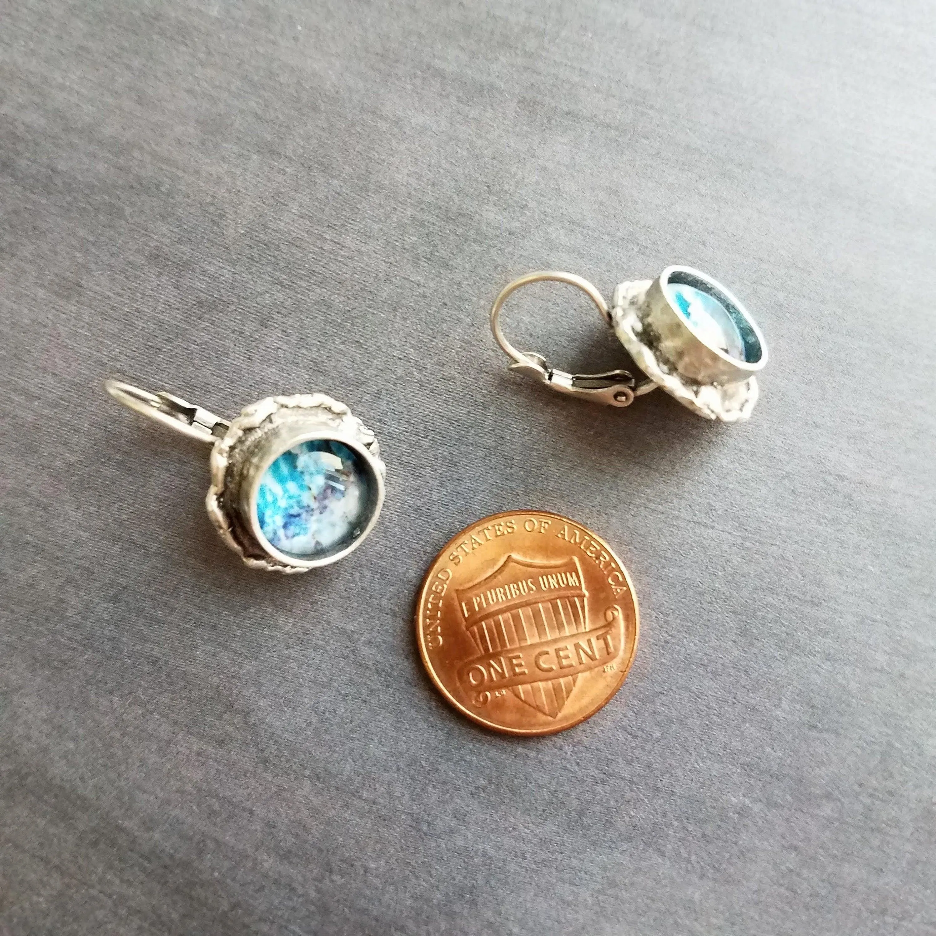 Ocean Wave Earrings, ocean earring, wave earring, aqua blue earring, purple abstract, asymmetrical edge antique silver lever back, snap hook