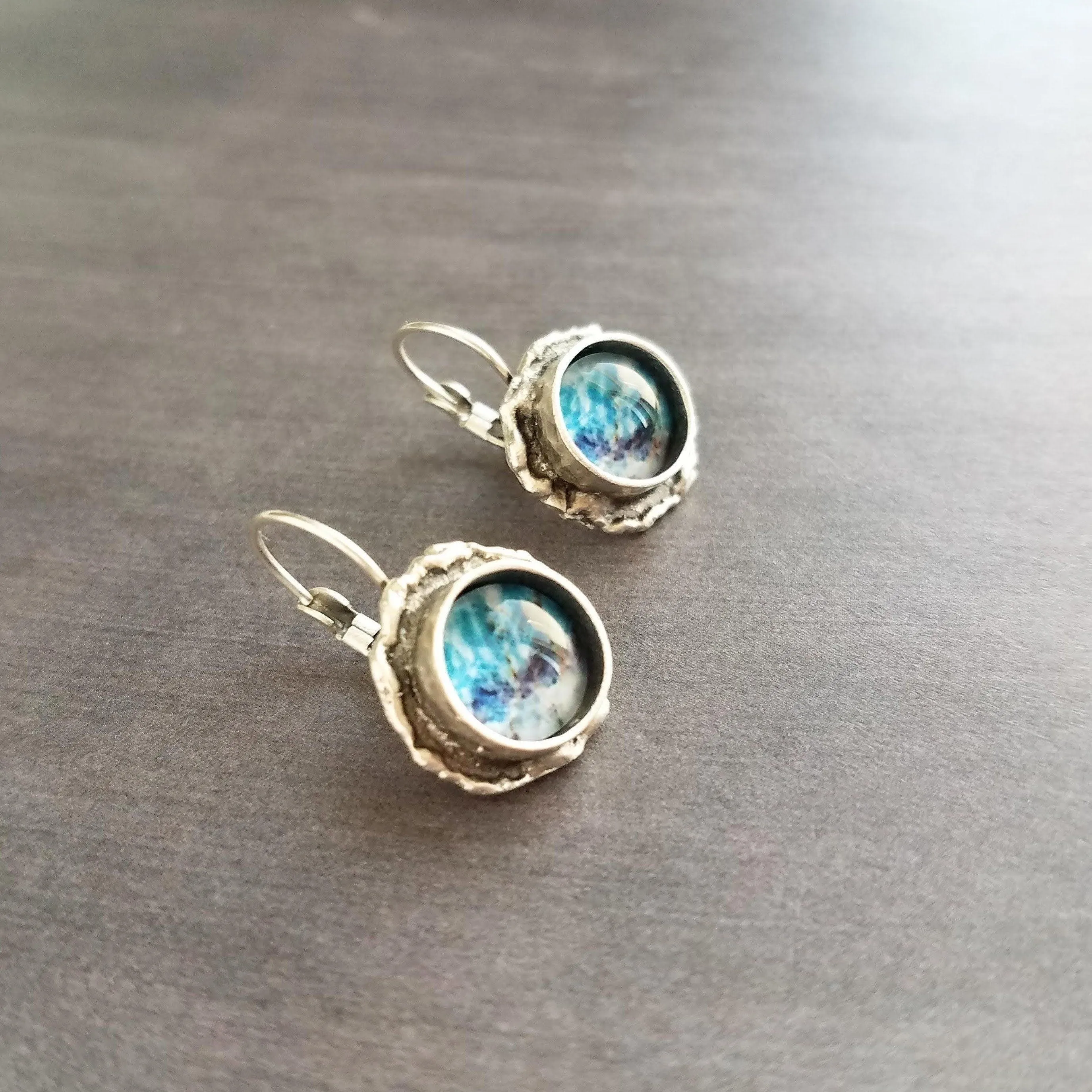 Ocean Wave Earrings, ocean earring, wave earring, aqua blue earring, purple abstract, asymmetrical edge antique silver lever back, snap hook