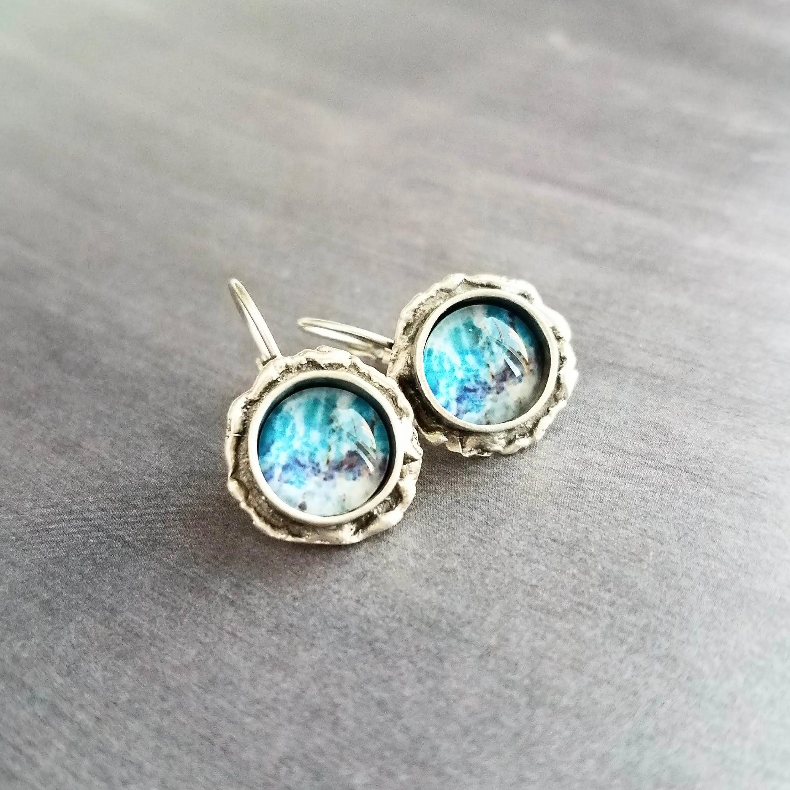 Ocean Wave Earrings, ocean earring, wave earring, aqua blue earring, purple abstract, asymmetrical edge antique silver lever back, snap hook