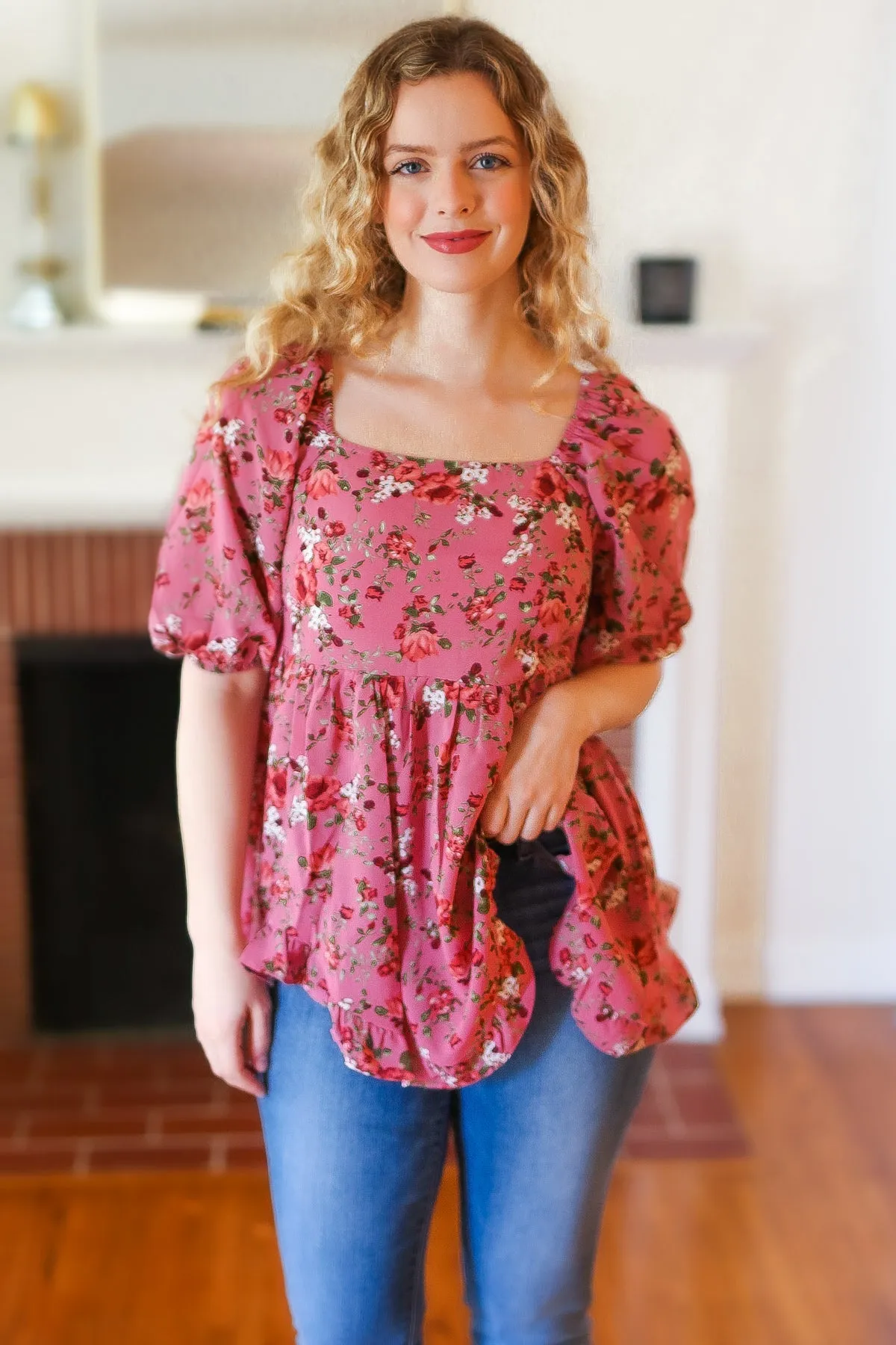 Oddi Just So Sweet Dusty Rose Floral Print Smocked Puff Sleeve Top