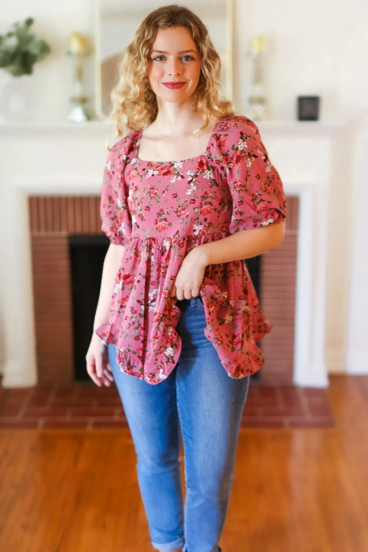 Oddi Just So Sweet Dusty Rose Floral Print Smocked Puff Sleeve Top